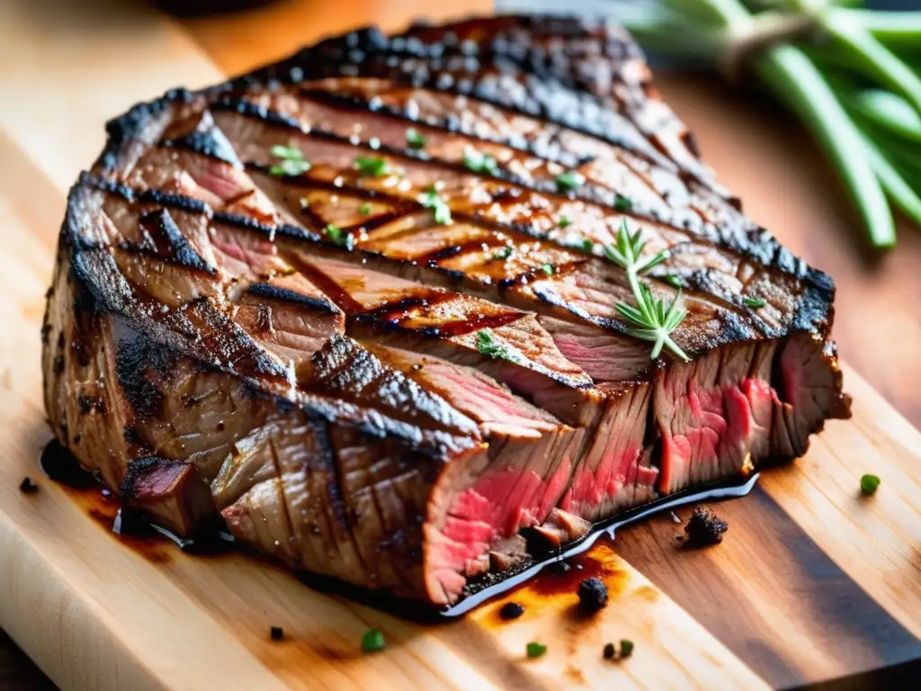 Un delicioso filete a la parrilla, jugoso y tierno, sazonado con hierbas y especias, en una tabla de cortar de madera