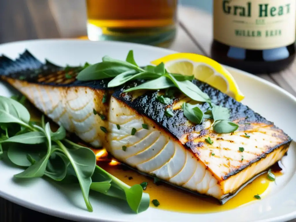 Deliciosa fillet de pescado a la parrilla sobre arúgula fresca y acompañado de una cerveza IPA dorada - IPAs y Gastronomía