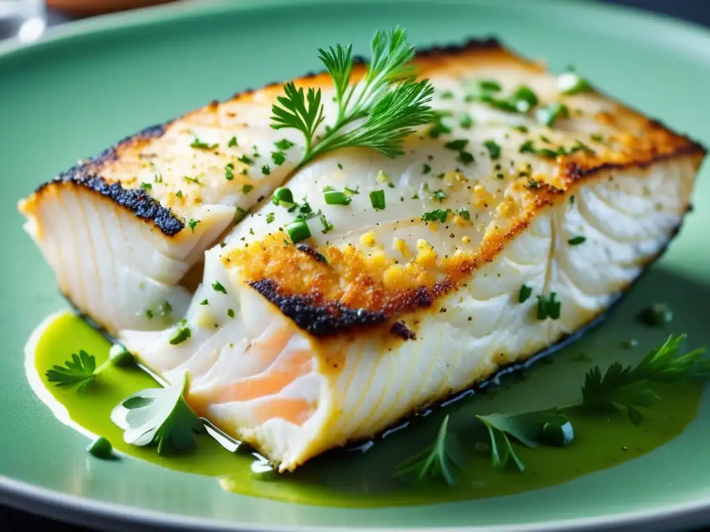 Delicioso filete de pescado dorado con hierbas frescas, destacando la textura, el sabor y el toque de los Bitters Ingleses