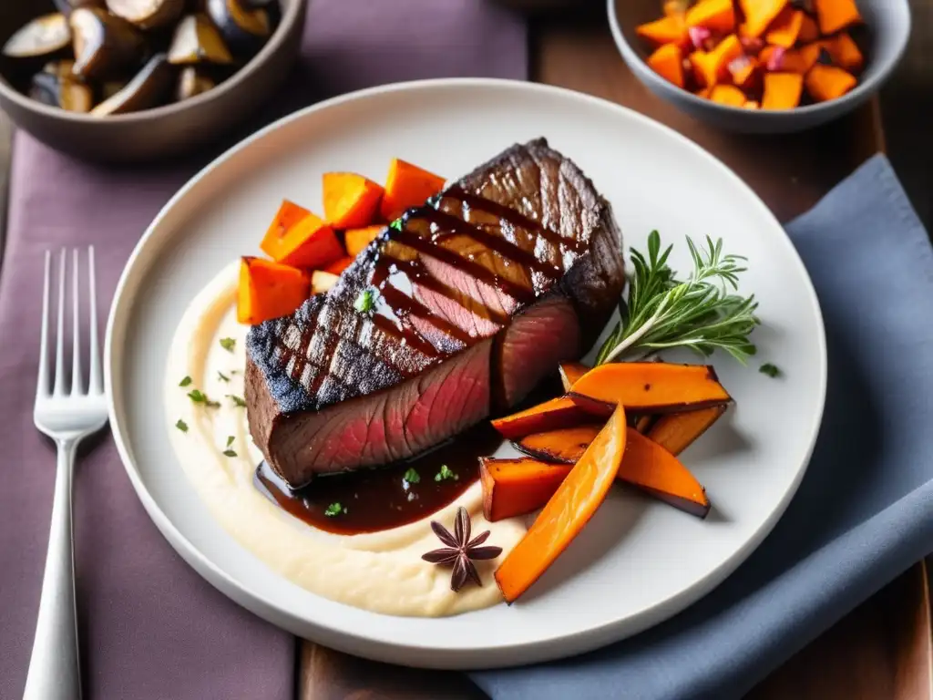 Delicioso filete de venado asado con glaseado brillante, acompañado de setas y puré de boniato