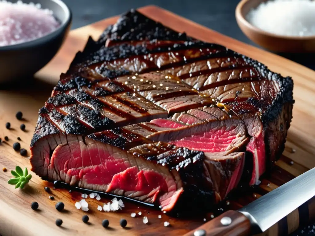 Imagen detallada de un sabroso filete a la parrilla con costra dorada y centro rosado