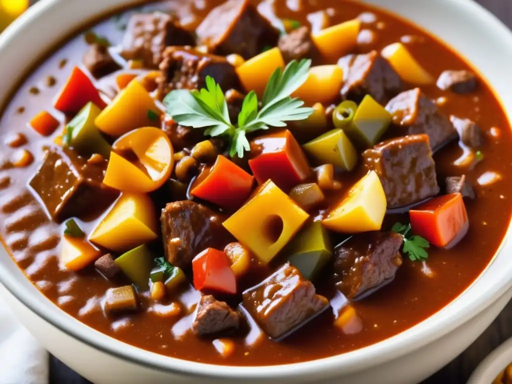 Un delicioso plato de Goulash Pilsner Checa, con tiernos trozos de carne en salsa sabrosa, verduras frescas y especias aromáticas