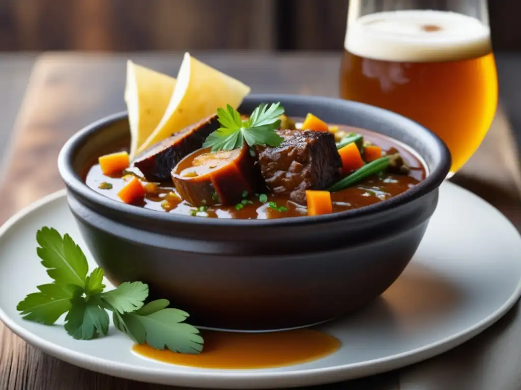 Imagen detallada de un plato exquisitamente presentado con estofado de Cerveza de Abadía, decorado con hierbas frescas y servido en un tazón rústico