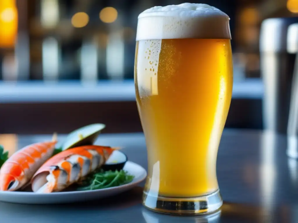 Cervezas de Trigo y Mariscos: Cerveza de trigo dorada con espuma cremosa y mariscos frescos