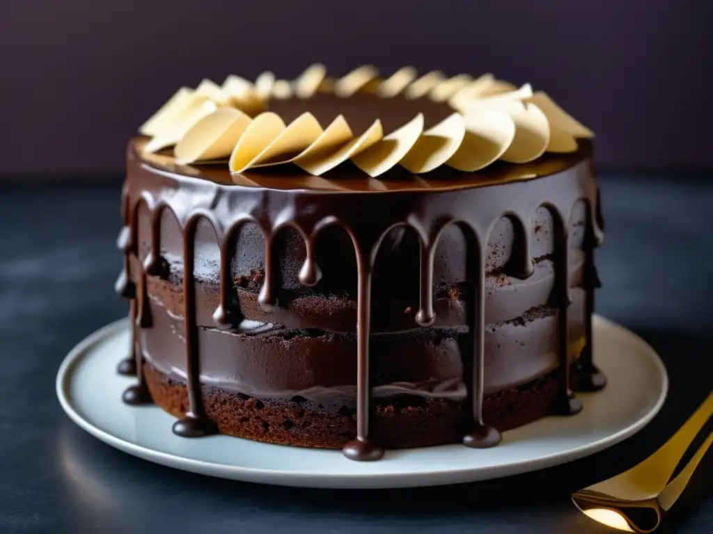 Un exquisito pastel de chocolate decadente con ganache y delicadas virutas de chocolate, perfecto para maridar con una stout de avena