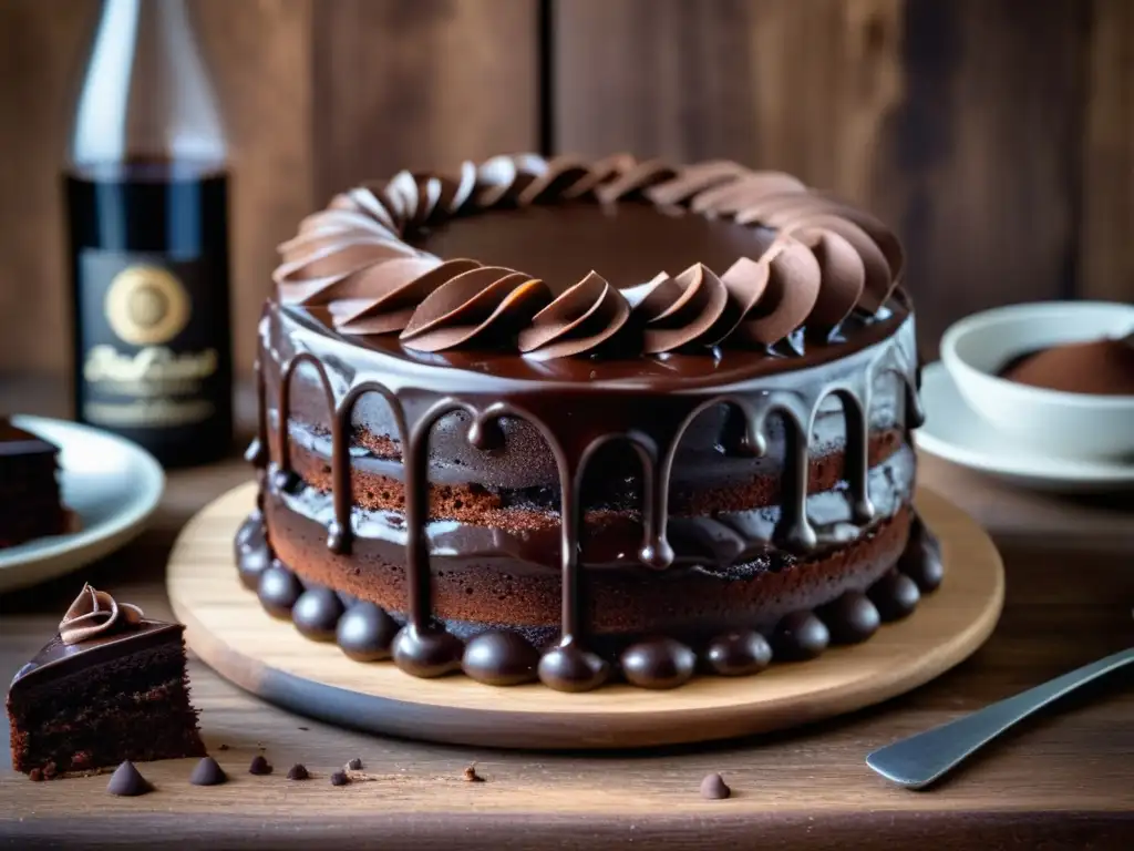 Delicioso pastel de chocolate con ganache brillante, acompañado de una cerveza stout