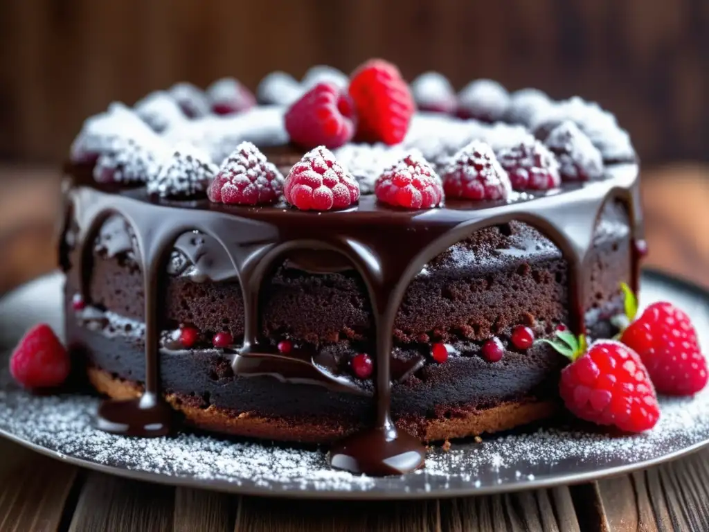 Delicioso pastel de chocolate con ganache brillante, decorado con frambuesas rojas y azúcar glas