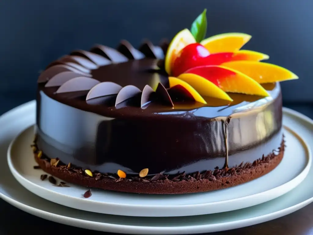 Un delicioso pastel de chocolate oscuro con ganache brillante, decorado con finas virutas de chocolate y una guarnición vibrante de frutas tropicales