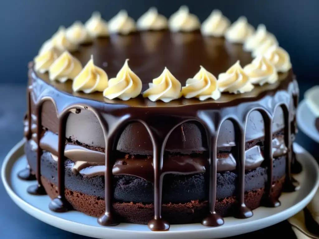 Un delicioso pastel de chocolate con ganache de chocolate negro, decorado con virutas de chocolate y cacao en polvo