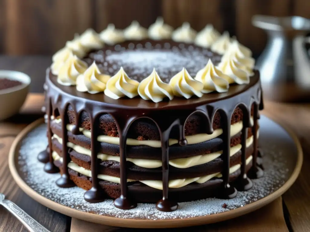 Delicioso pastel de chocolate decorado con shavings de chocolate, ganache brillante y azúcar en polvo