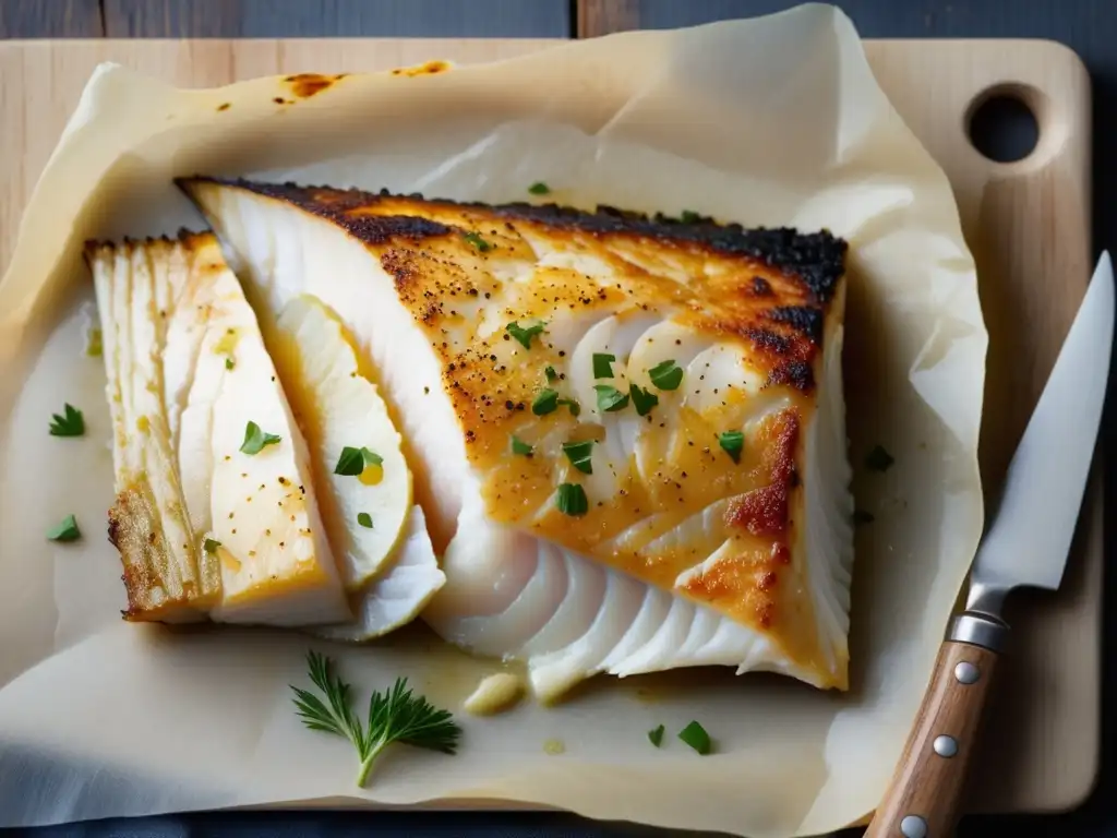 Pescado blanco perfectamente cocinado con salsa de Bitters Ingleses