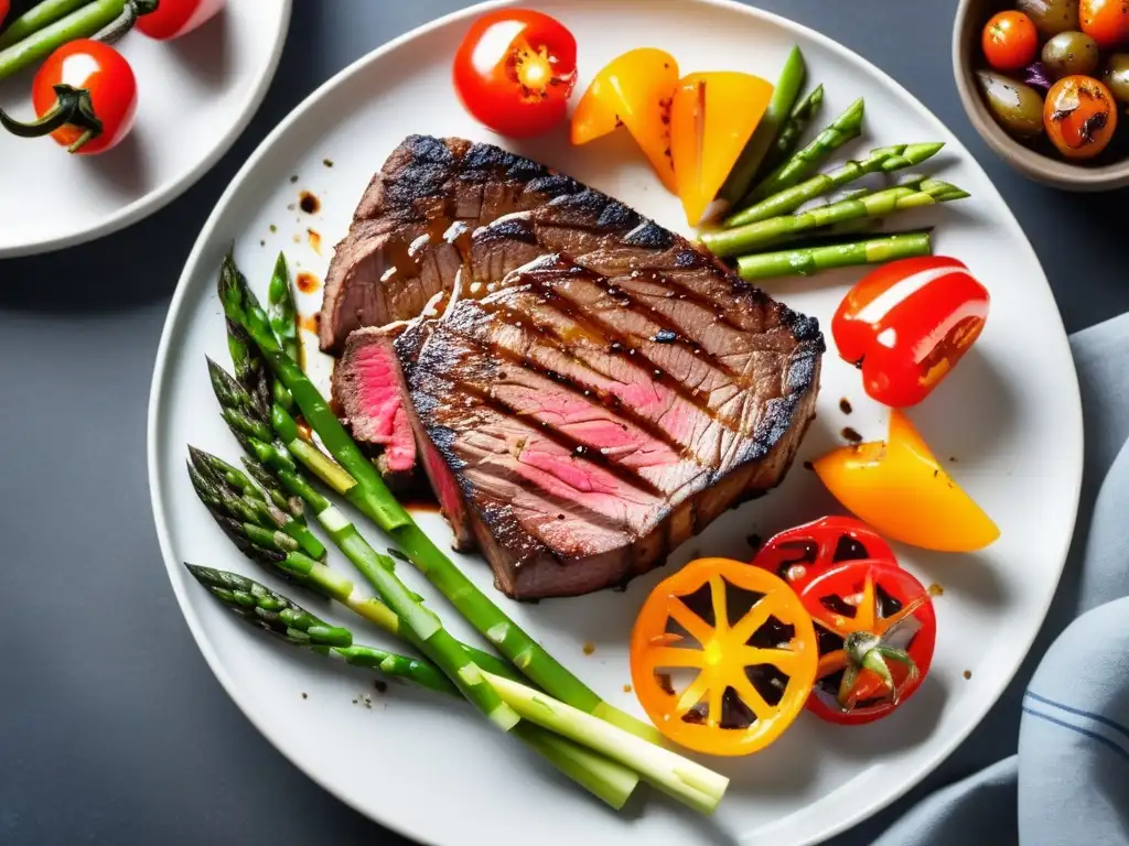 Delicioso plato de carne a la parrilla con vegetales asados, perfectamente cocida y acompañada por reducción de balsámico