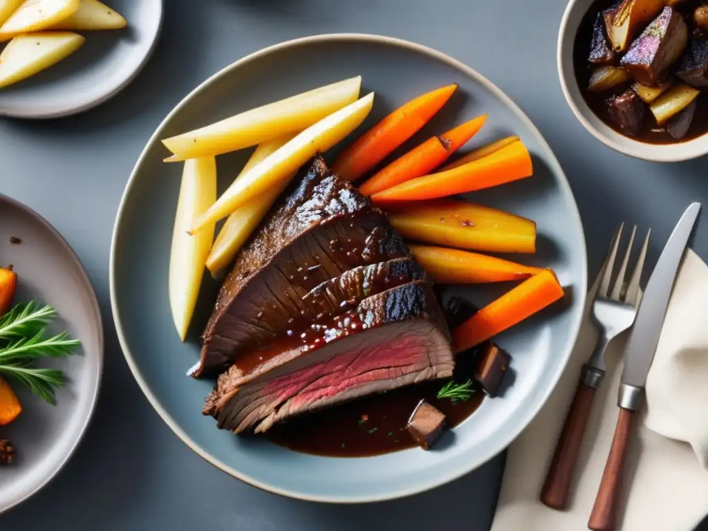 Delicioso plato de carne de res estofada infusionada con Doppelbock y una salsa rica y brillante