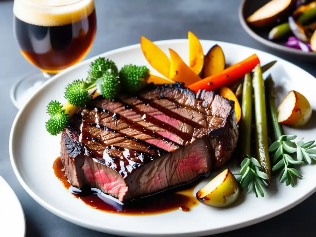 Deliciosa presentación de filete a la parrilla con glaseado de cerveza, acompañado de verduras asadas y cerveza artesanal