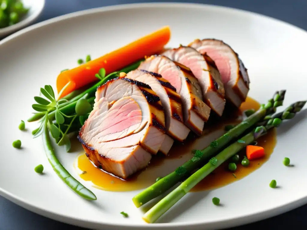 Exquisito plato de cerdo asado con vegetales de primavera y salsa de Maibock