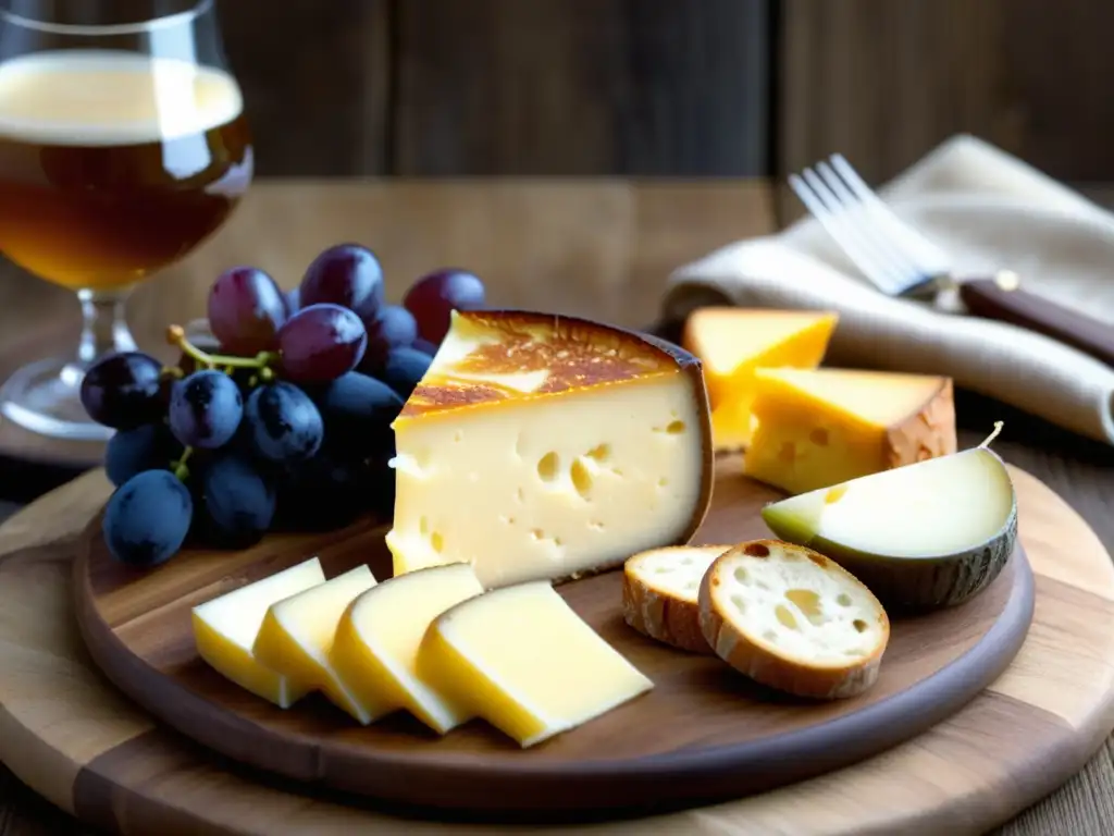 Delicioso plato de queso Chimay, variedad de quesos belgas con texturas y colores, acompañados de pan, uvas y miel