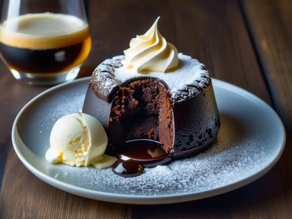 Delicioso postre y cerveza artesanal: Lava cake de chocolate, helado de vainilla y cerveza dorada