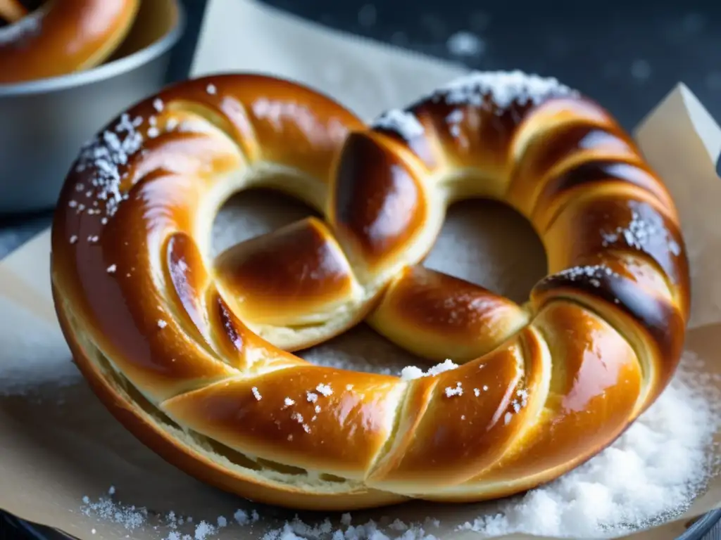 Delicioso pretzel alemán con sal gruesa, textura perfectamente torcida y contrastes entre suave y crujiente