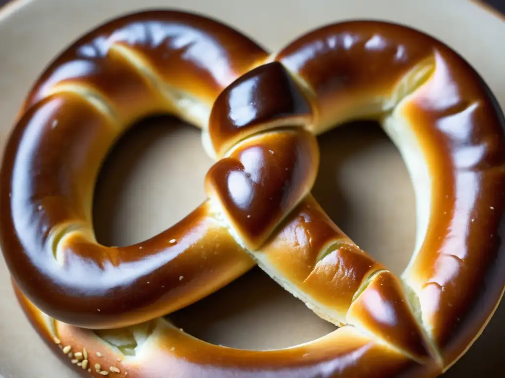 Delicioso pretzel alemán, horneado a la perfección, textura y brillo destacados