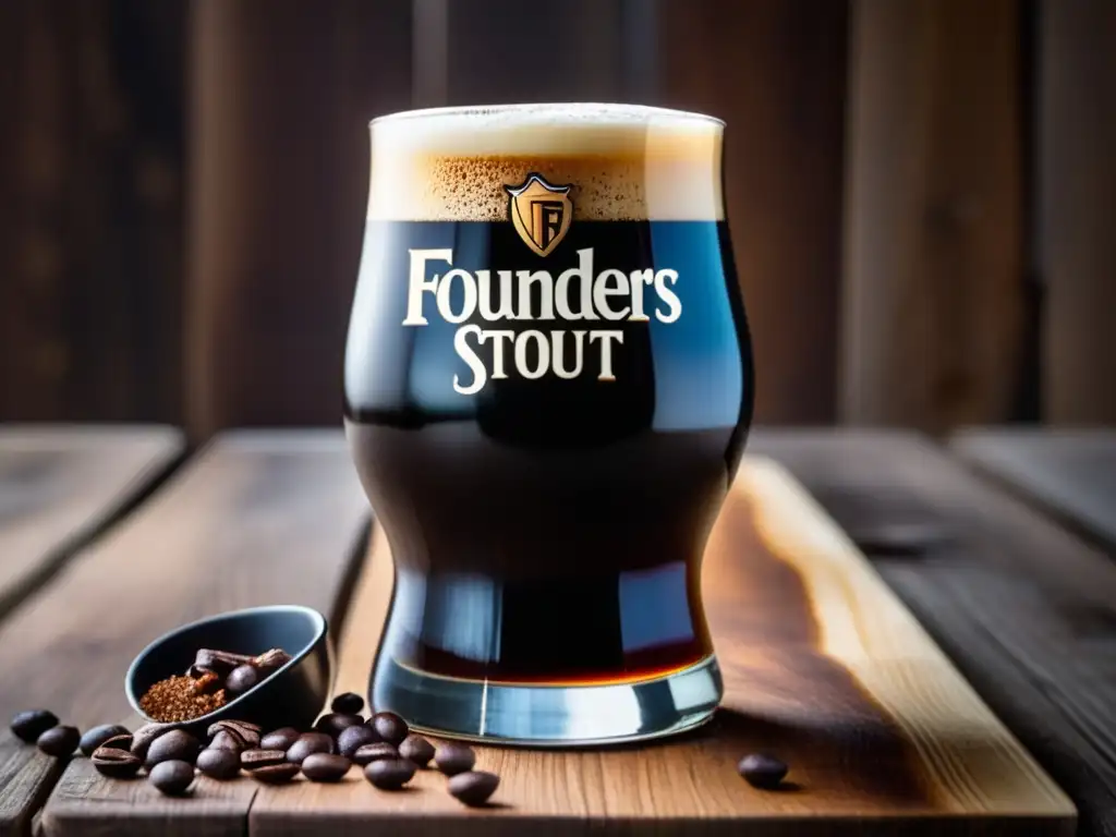 Imagen detallada de una cerveza Stout Founders Kentucky Breakfast, con color oscuro y espuma cremosa