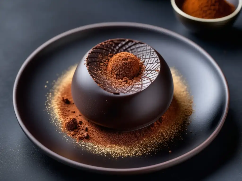 Trufa de chocolate negro sobre plato cerámico negro, decorada con polvo de cacao y detalles elegantes