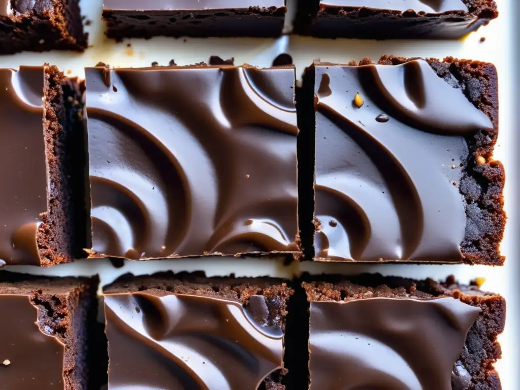 Brownies de chocolate stout perfectamente cuadrados, con textura densa y crujiente, color oscuro y trozos de chocolate derretido