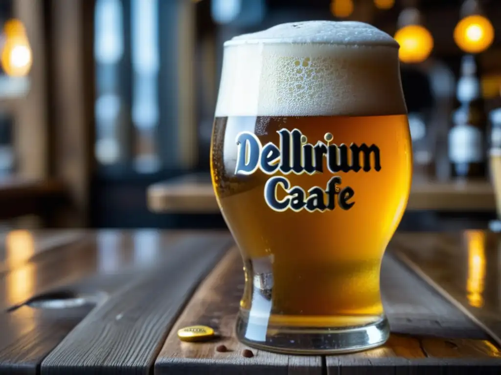 Vaso de cerveza Delirium en mesa de madera - Bares en Bruselas