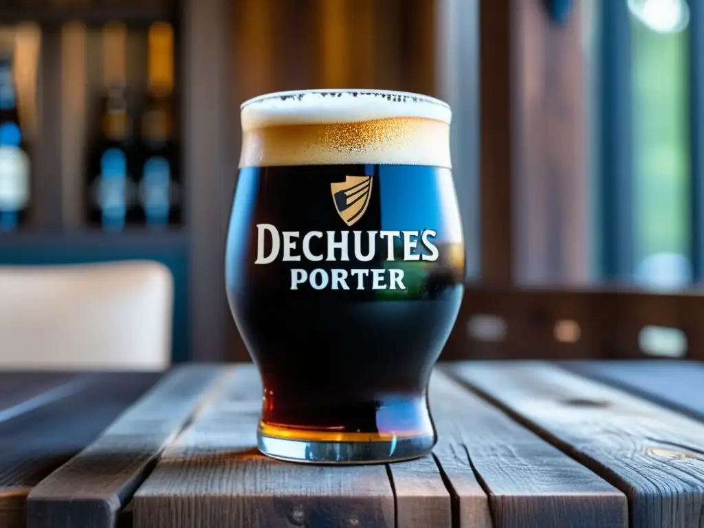 Cerveza Deschutes Black Butte Porter en vaso de tulipa, con espuma cremosa y aspecto aterciopelado