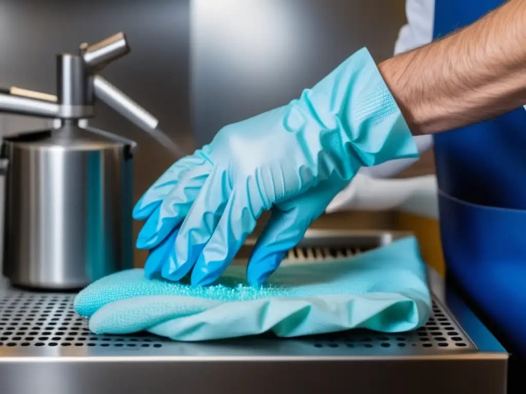 Consejos de expertos: Manos meticulosamente sanitizando equipo de elaboración con guantes de látex azules y spray desinfectante