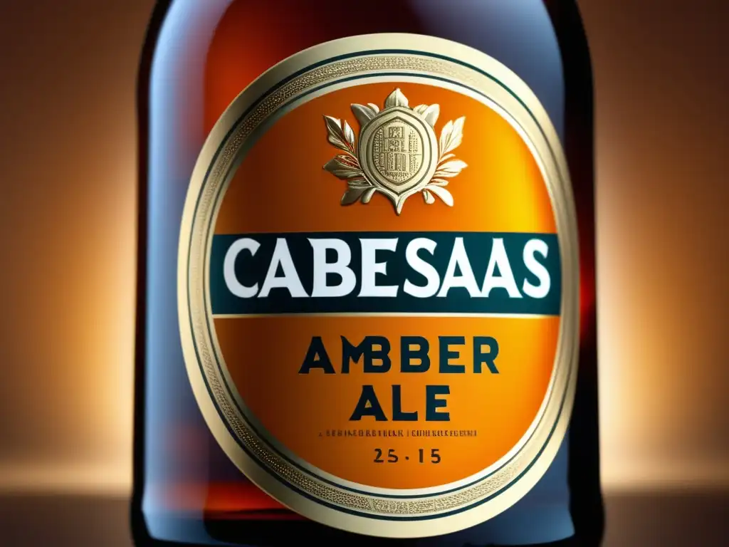 Botella de Cabesas Bier Amber Ale, en detalle, con etiqueta detallada y líquido ámbar