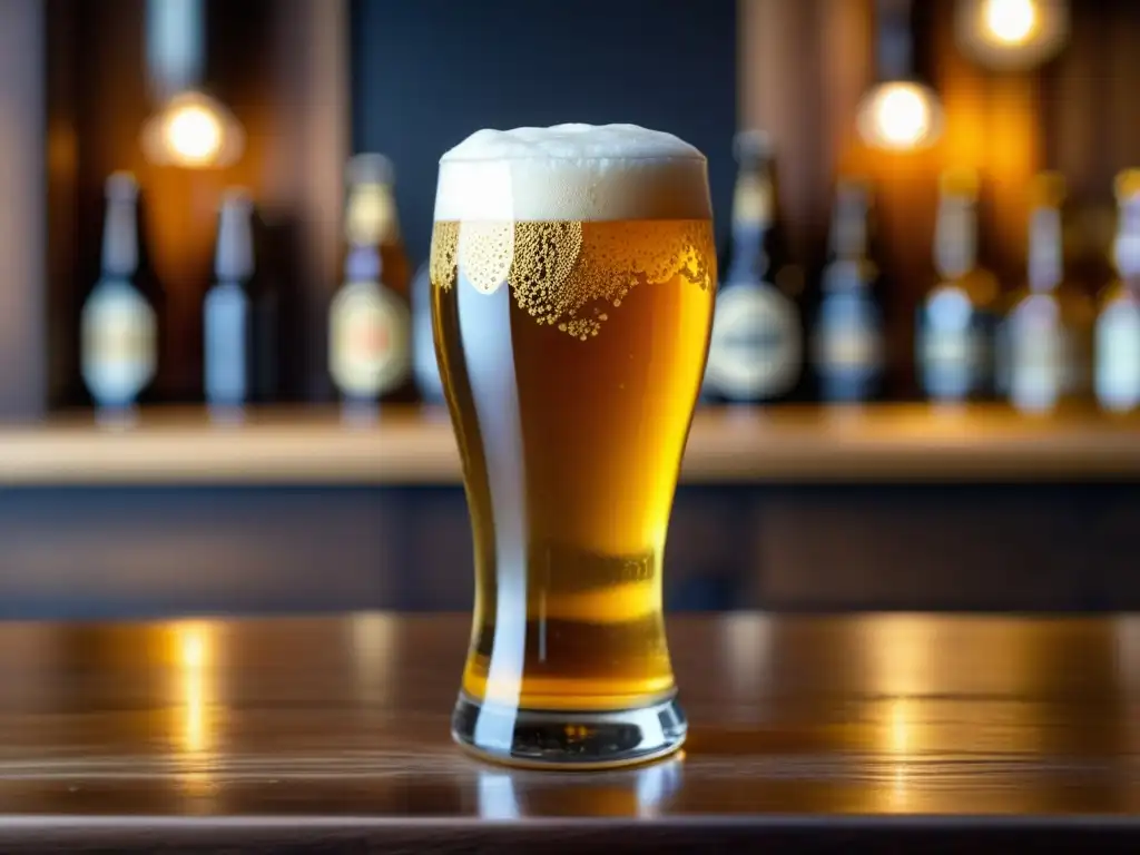 Detalle de cerveza artesanal en bar de Oslo - Bubbles, condensación, textura de madera y luz cálida