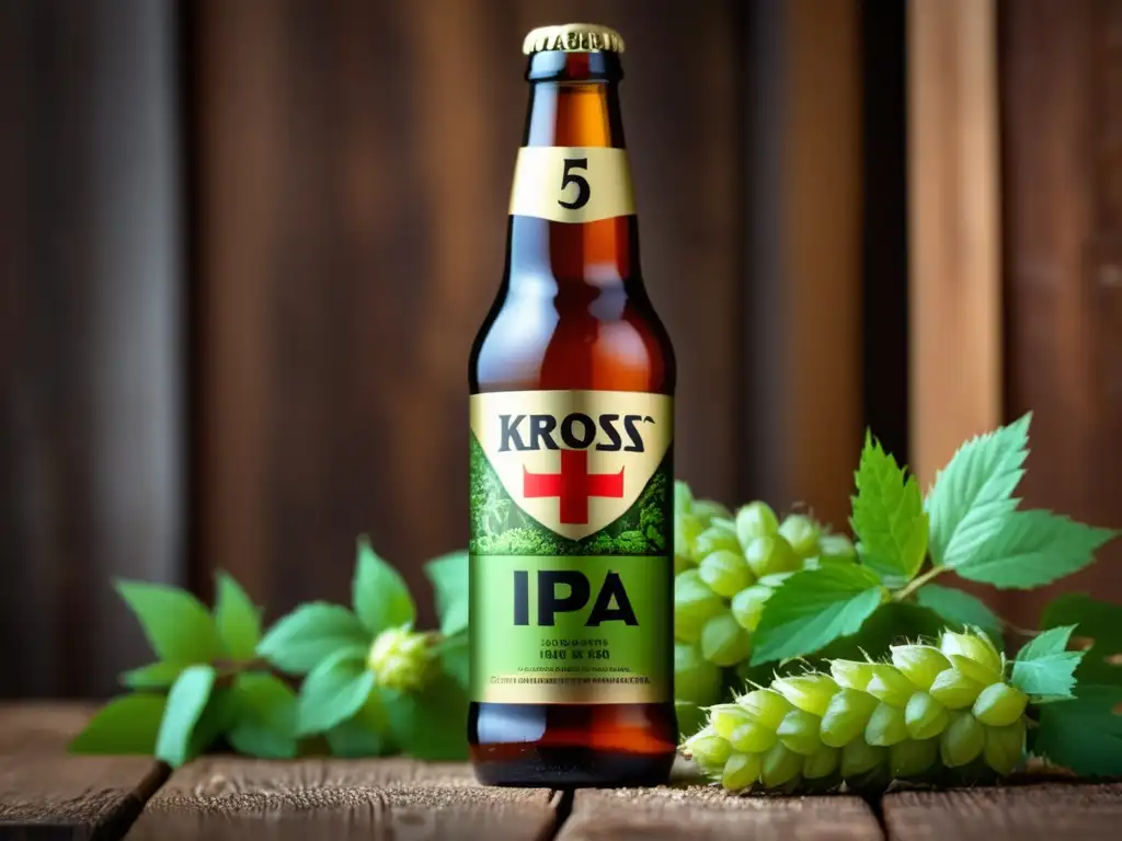 Cerveza Kross 5 IPA en botella, detalle en macro con lúpulos y granos, etiqueta elegante y color ámbar dorado