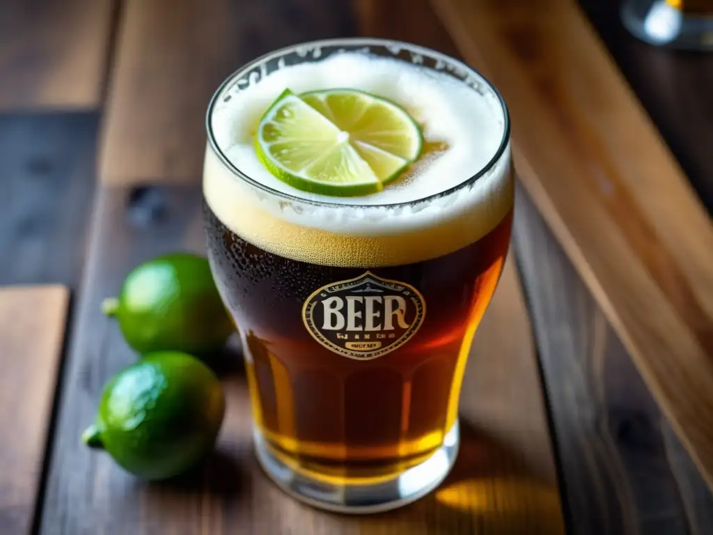 Detalle de una cerveza artesanal ámbar, con espuma cremosa y condensación en un vaso de vidrio, acompañada de una rodaja de lima