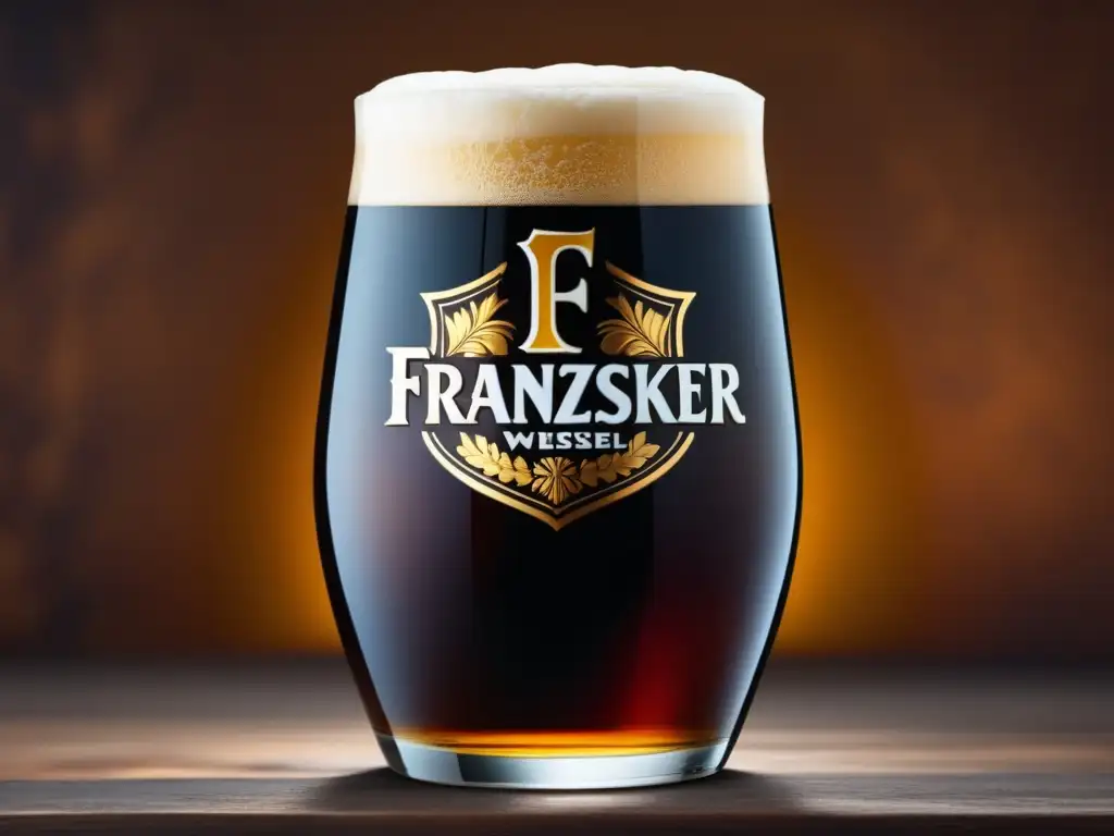 Detallada imagen de cerveza Franziskaner Weissbier Dunkel, resaltando su color ámbar oscuro y su textura cremosa