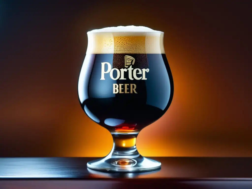 Imagen detallada de una cerveza Porter: copa snifter llena de líquido oscuro y burbujas, con textura sedosa, espuma y café