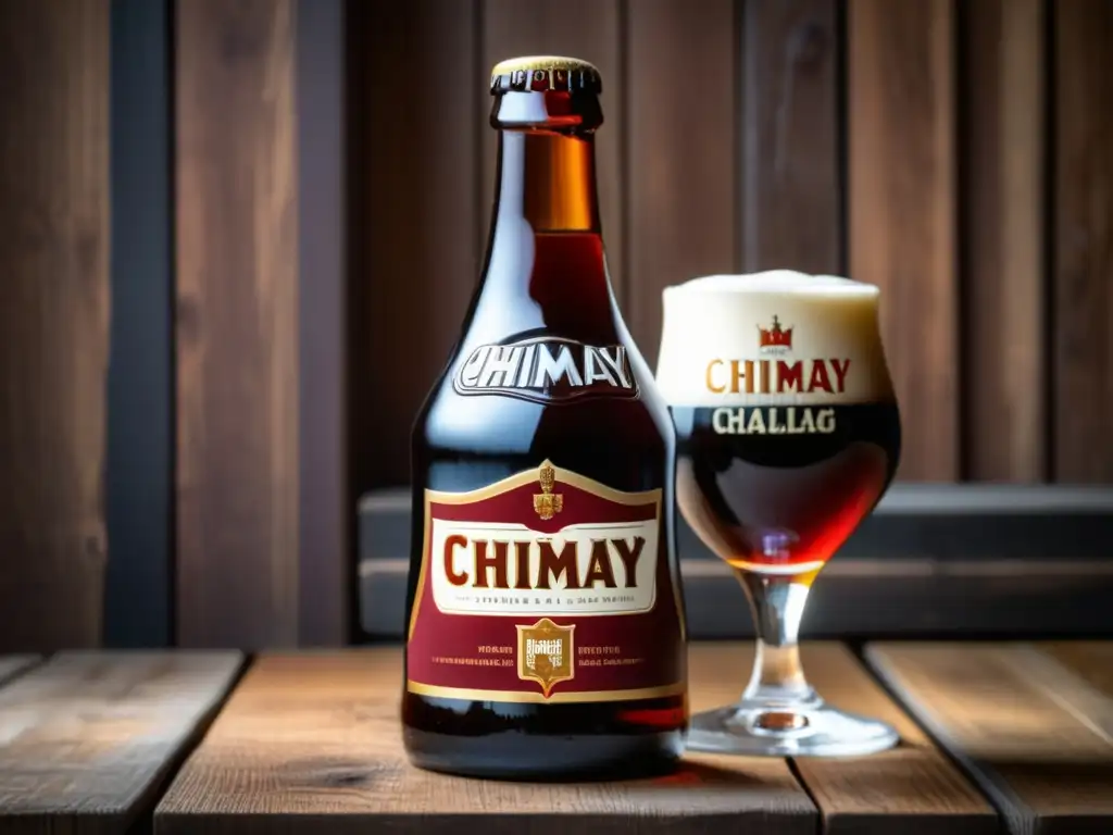 Imagen detallada de cerveza Chimay Rouge en una mesa de madera rústica