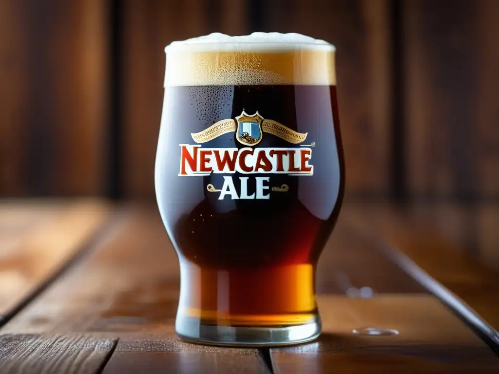 Pinta de Newcastle Brown Ale: Cerveza Brown Ale con espuma cremosa, color caramelo intenso y detalles refinados