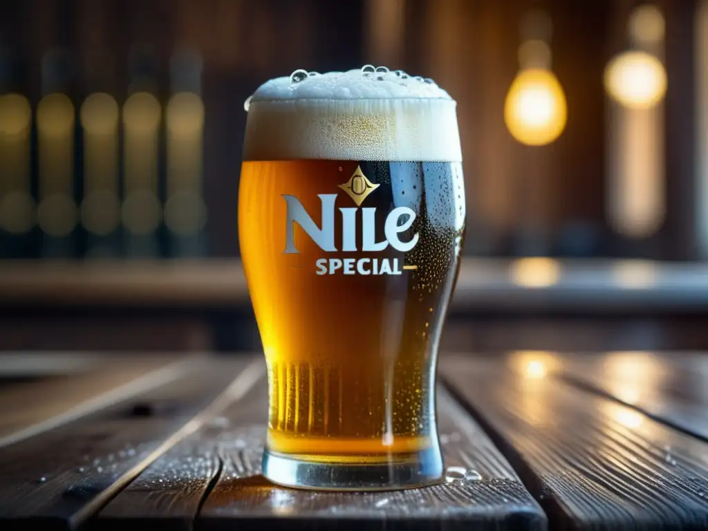 Cerveza Nile Special en vidrio helado con detalles ultradetallados y ambiente de fábrica