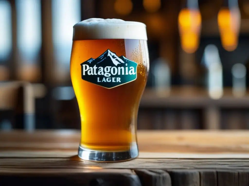 Cerveza Patagonia Amber Lager: imagen detallada de una copa llena del líquido dorado, sobre una mesa de madera rústica