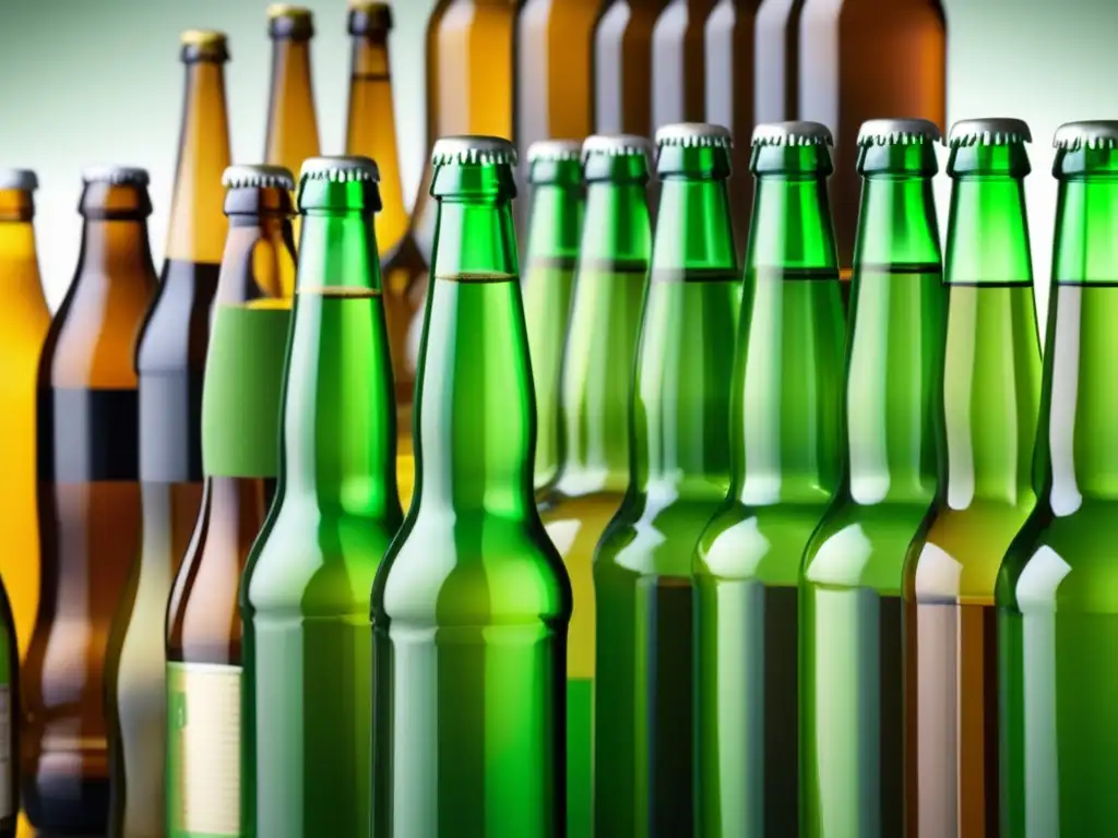 Detalles de embotellado de cerveza: botellas de vidrio, botellas de plástico PET y latas de aluminio en composición simétrica