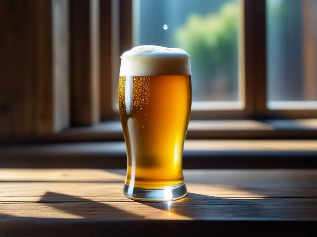 Detallada imagen de cerveza artesanal en mesa de madera rústica, iluminada por suave luz natural