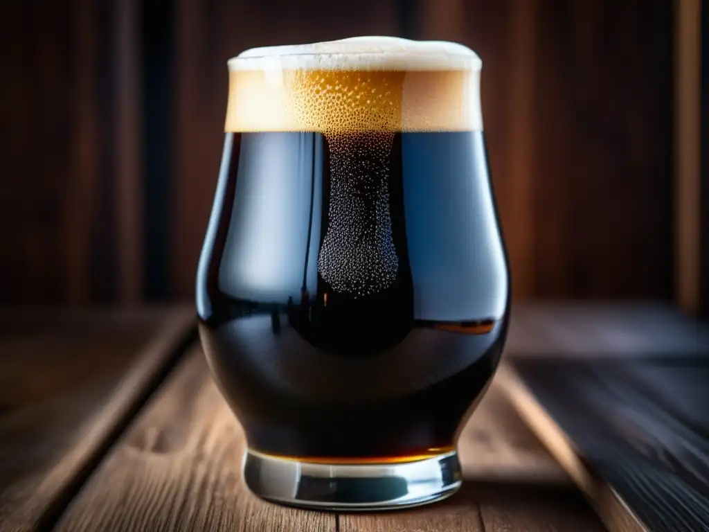 Detalle exquisito de cerveza Imperial Stout: vidrio con cerveza negra, espuma cremosa y burbujas elegantes