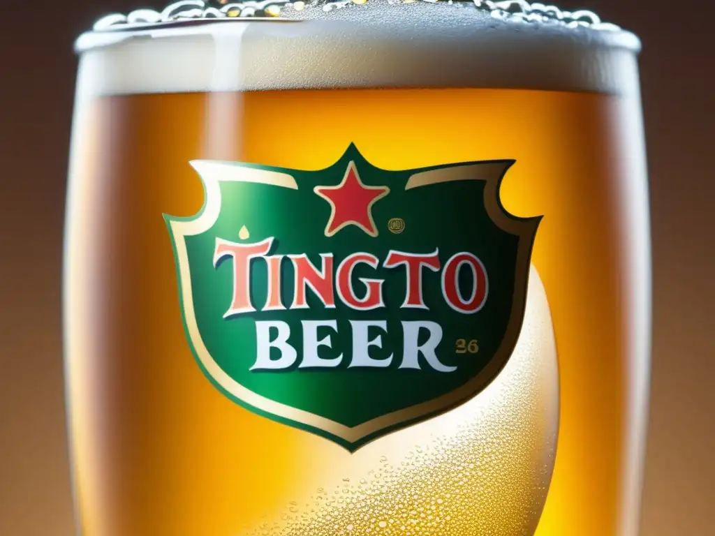 Cerveza Tsingtao recién servida en vaso, detalle dorado y burbujeante