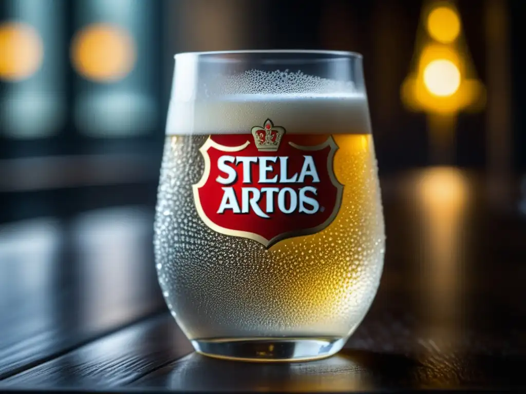 Vaso de cerveza Stella Artois con condensación y detalles elegantes