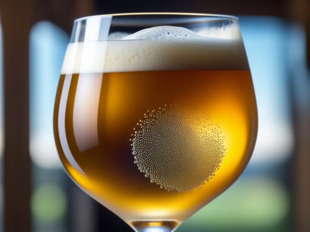 Detalles de una cerveza Saison Dupont: líquido dorado, espuma blanca, burbujas y textura en vidrio rústico