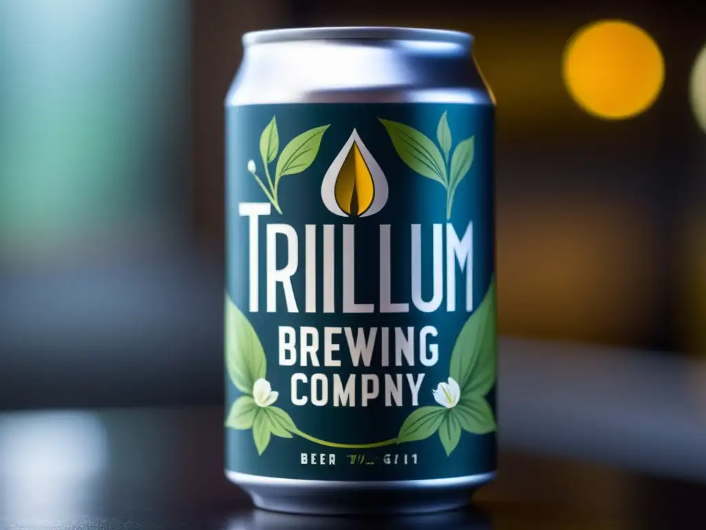 Cerveza Trillium Brewing Company: detalle de lata con elegante acabado mate, resaltando colores vibrantes y logotipo icónico