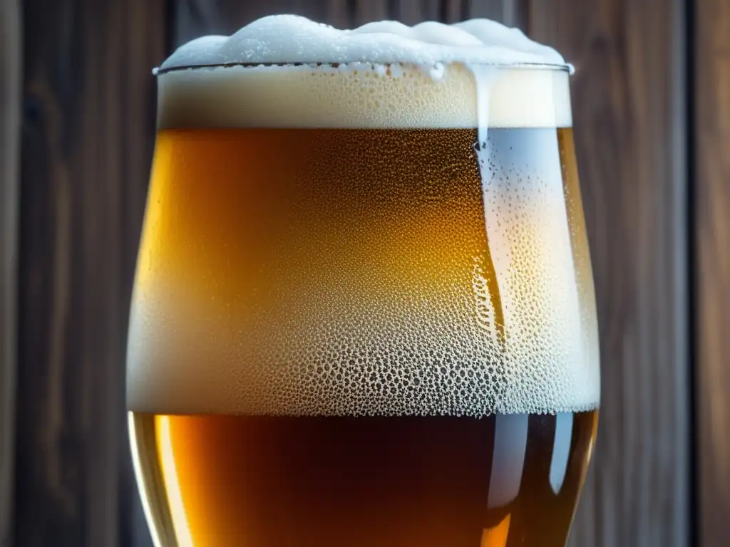 Carbonatación de cerveza: detalle de un vaso de cerveza carbonatada, con burbujas y espuma cremosa en una mesa de madera rústica