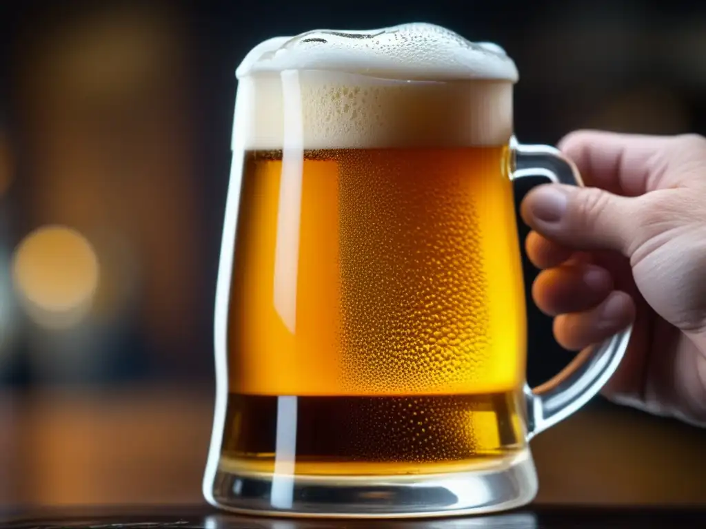 La Ciencia Detrás: Cerveza dorada en primer plano, con detalles intrincados y burbujas, en un vaso sostenido por una mano experta