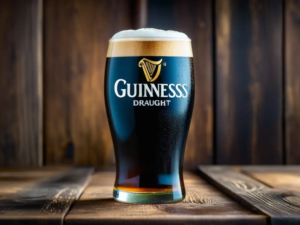 Imagen detallada de Guinness Draught en una mesa de madera rústica, con condensación y una cabeza de espuma perfecta