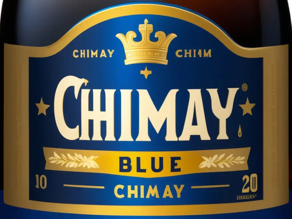 Detalle ultradetallado de la botella de cerveza Chimay Blue Cap, resaltando su historia y tradición